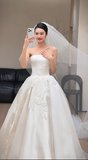 Classy Ball Gown Strapless Satin Applique With Veil Long Wedding Dresses HZ1024
