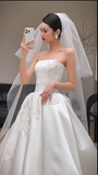 Classy Ball Gown Strapless Satin Applique With Veil Long Wedding Dresses HZ1024