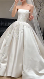 Classy Ball Gown Strapless Satin Applique With Veil Long Wedding Dresses HZ1024