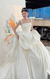Unique Ball Gown Square Satin Pleated Long Wedding Dresses HZ1024
