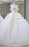 Gorgeous Ball Gown Off The Shoulder Tulle Lace Sequin Beads Long Wedding Dresses HZ1024