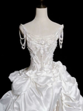 Vintage Ball Gown Spaghetti Straps Satin Beads Long Wedding Dresses HZ1024