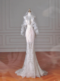 Dreamy Mermaid Halter Tulle Lace With Veil Long Wedding Dresses HZ1024