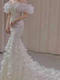 Stunning Mermaid Off The Shoulder Satin Sequin Beads Long Wedding Dresses HZ1024