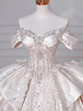Timeless Ball Gown Off The Shoulder Satin Tulle Lace Sequin Beads Long Wedding Dresses HZ1024