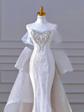 Glitter Mermaid Off The Shoulder Satin Sequin Beads Back With Bow Long Wedding Dresses HZ1024
