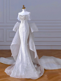 Glitter Mermaid Off The Shoulder Satin Sequin Beads Back With Bow Long Wedding Dresses HZ1024