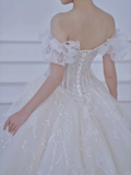 Pretty Ball Gown Off The Shoulder Tulle Sequin With Veil Long Wedding Dresses HZ1024