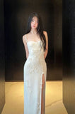 Elegant Mermaid Spaghetti Straps Satin Applique Slit Long Wedding Dresses HZ1024