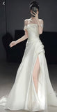 Elegant A Line Off The Shoulder Satin Slit Pleated Long Wedding Dresses HZ1024
