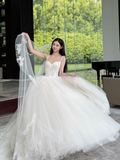 Stunning Ball Gown Spaghetti Straps Tulle Lace With Veil Long Wedding Dresses HZ1024