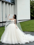 Stunning Ball Gown Spaghetti Straps Tulle Lace With Veil Long Wedding Dresses HZ1024