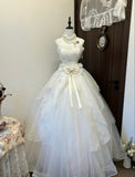 Vintage Ball Gown Strapless Satin Chiffon Tulle Bow Long Wedding Dresses HZ1024