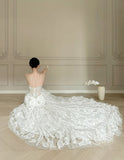 Stunning Mermaid Strapless Tulle Lace Applique Long Wedding Dresses HZ1024