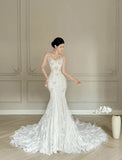 Stunning Mermaid Strapless Tulle Lace Applique Long Wedding Dresses HZ1024