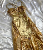 Gold Charming A Line Spaghetti Straps Satin Chiffon Printed Applique Long Prom Dresses Formal Dress HZ1024
