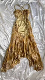 Gold Charming A Line Spaghetti Straps Satin Chiffon Printed Applique Long Prom Dresses Formal Dress HZ1024