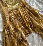 Gold Charming A Line Spaghetti Straps Satin Chiffon Printed Applique Long Prom Dresses Formal Dress HZ1024