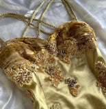 Gold Charming A Line Spaghetti Straps Satin Chiffon Printed Applique Long Prom Dresses Formal Dress HZ1024