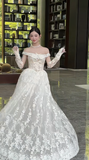 French Tender Ball Gown Off The Shoulder Tulle Lace With Sleeves Long Wedding Dresses HZ1024