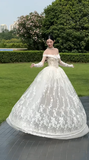 French Tender Ball Gown Off The Shoulder Tulle Lace With Sleeves Long Wedding Dresses HZ1024