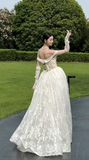 French Tender Ball Gown Off The Shoulder Tulle Lace With Sleeves Long Wedding Dresses HZ1024