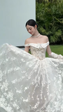 French Tender Ball Gown Off The Shoulder Tulle Lace With Sleeves Long Wedding Dresses HZ1024