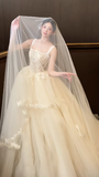Sweet Ball Gown Square Tulle Lace With Veil Long Wedding Dresses HZ1024