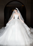 Dreamy Ball Gown Strapless White Tulle Lace With Gloves Veil Long Wedding Dresses HZ1024