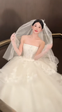 Dreamy Ball Gown Strapless White Tulle Lace With Gloves Veil Long Wedding Dresses HZ1024