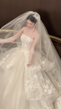 Dreamy Ball Gown Strapless White Tulle Lace With Gloves Veil Long Wedding Dresses HZ1024