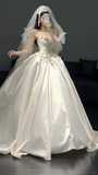 Timeless Ball Gown Strapless Satin Sequin Beads With Veil Long Wedding Dresses HZ1024