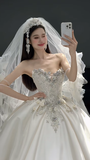Timeless Ball Gown Strapless Satin Sequin Beads With Veil Long Wedding Dresses HZ1024