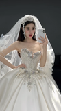 Timeless Ball Gown Strapless Satin Sequin Beads With Veil Long Wedding Dresses HZ1024