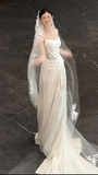Timeless A Line One Shoulder Strap Satin Tulle Applique With Veil Long Wedding Dresses HZ1024