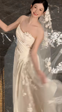 Timeless A Line One Shoulder Strap Satin Tulle Applique With Veil Long Wedding Dresses HZ1024