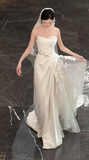 Timeless A Line One Shoulder Strap Satin Tulle Applique With Veil Long Wedding Dresses HZ1024
