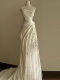 Timeless A Line One Shoulder Strap Satin Tulle Applique With Veil Long Wedding Dresses HZ1024