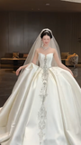 Gorgeous Ball Gown Strapless Satin Sequin Beads With Veil Long Wedding Dresses HZ1024