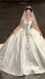 Gorgeous Ball Gown Strapless Satin Sequin Beads With Veil Long Wedding Dresses HZ1024