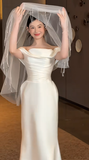 Elegant Mermaid Off The Shoulder Satin With Veil Long Wedding Dresses HZ1024