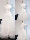 Princess A Line Spaghetti Straps White Satin Tulle Applique Long Wedding Dresses HZ1024
