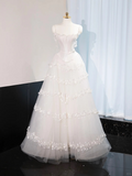Princess A Line Spaghetti Straps White Satin Tulle Applique Long Wedding Dresses HZ1024