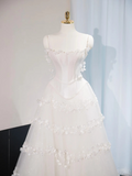 Princess A Line Spaghetti Straps White Satin Tulle Applique Long Wedding Dresses HZ1024