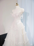 Princess A Line Spaghetti Straps White Satin Tulle Applique Long Wedding Dresses HZ1024