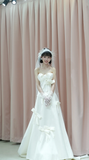 Princess A Line Strapless Satin Tulle Bow With Gloves Veil Long Wedding Dresses HZ1024
