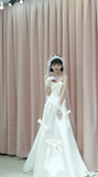 Princess A Line Strapless Satin Tulle Bow With Gloves Veil Long Wedding Dresses HZ1024
