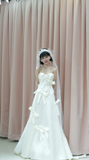Princess A Line Strapless Satin Tulle Bow With Gloves Veil Long Wedding Dresses HZ1024