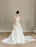 Elegant A Line Off The Shoulder Satin Long Wedding Dresses HZ1024