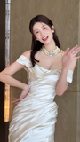Pretty Mermaid Off The Shoulder Satin Pleated Long Wedding Dresses HZ1024
